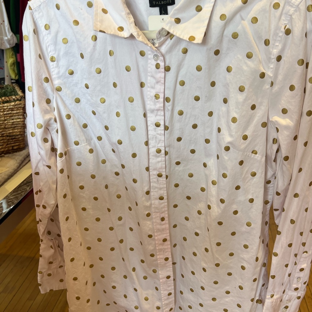 Talbots White Shirt with Gold Dots